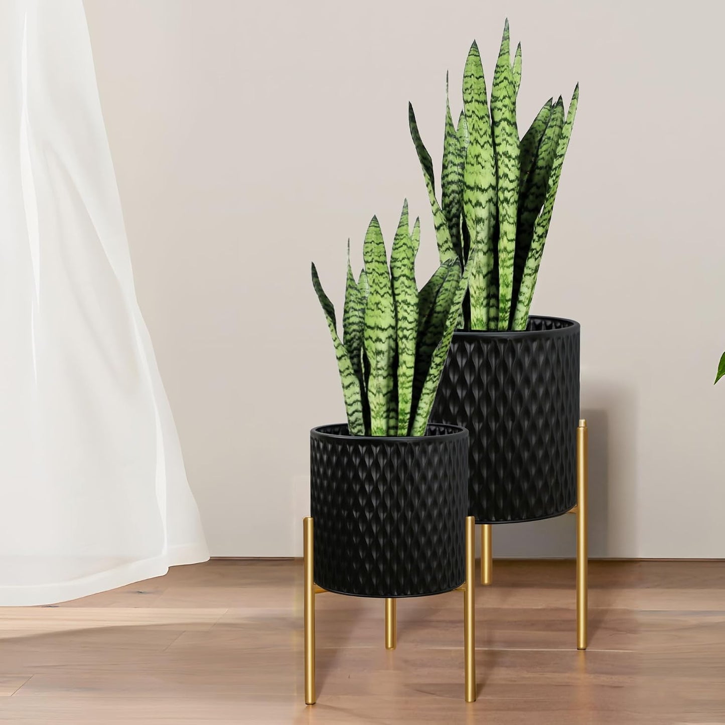 ARNIS Plants Pots with Stand, Large Size Flower Pots, Set of 2 Unique Mid Century Decorative Metal Flower Pots with