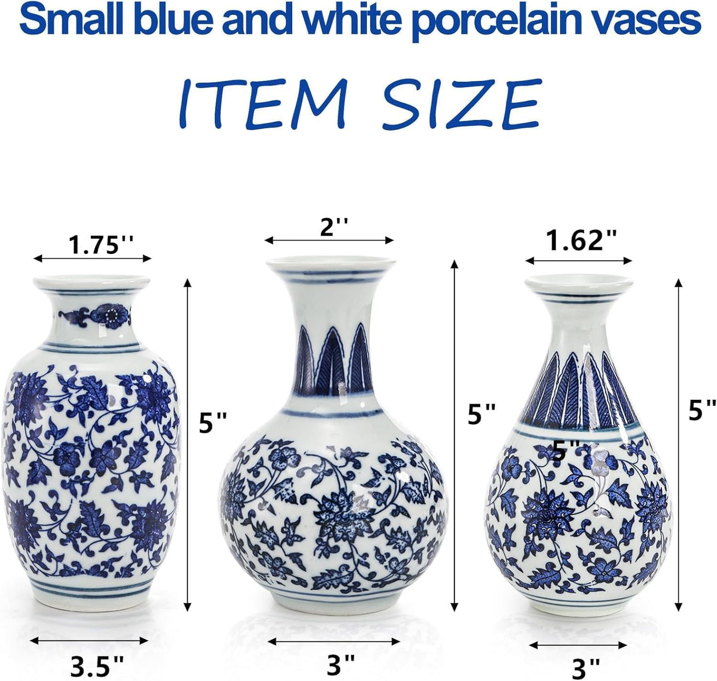 Tall Mini Vintage Vase Chinoiserie Vases / Blue / 5 Inch / Set of 3