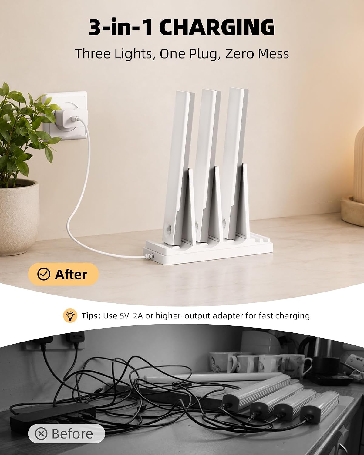 EZVALO 3-Pack Under Cabinet Lighting with Charging Station, 1800mAh Rechargeable Wireless Motion Sensor Lights, 3 Color