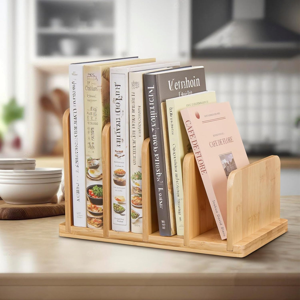 Cook Book Organizer,Bamboo Cookbook Stand for Kitchen Counter with 4-Slot,Sturdy Recipe Book Holder Stand for