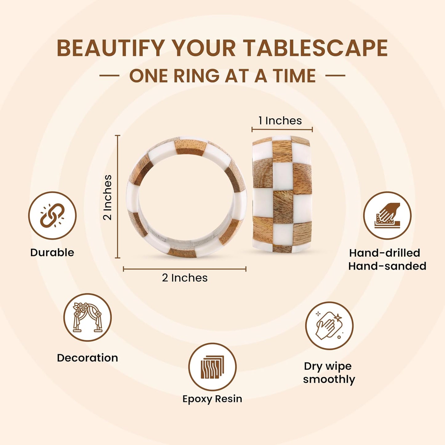 Alpha Living Home Epoxy Wood Napkin Rings, Set of 12, Brown Cream | Handcrafted epoxy resin & natural wood, 2 x 2 x
