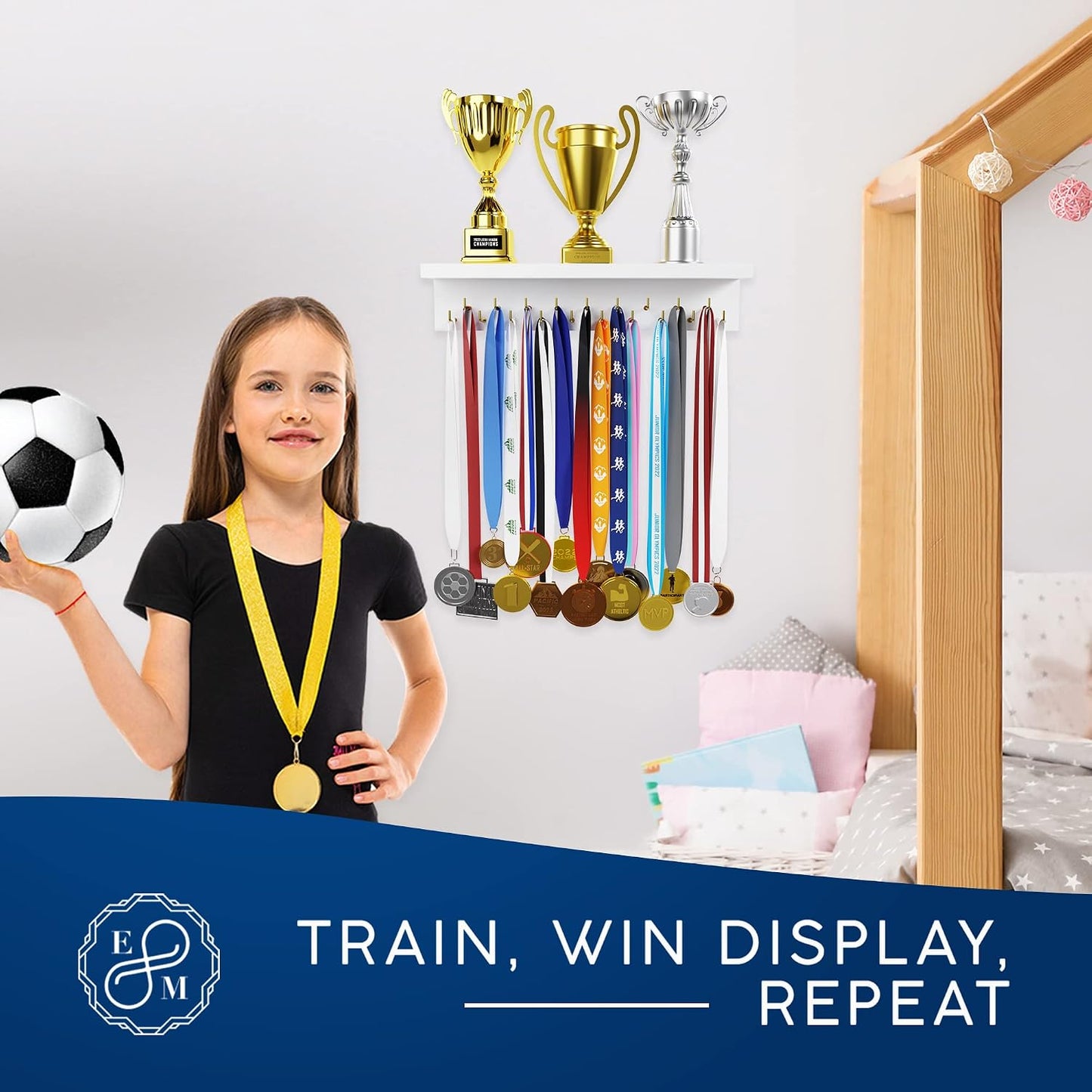 EVERMORE Medal Hanger Display and Trophy Shelf with Hooks - Wooden Medal Holder for Wall Mount Ribbon Display, Trophy