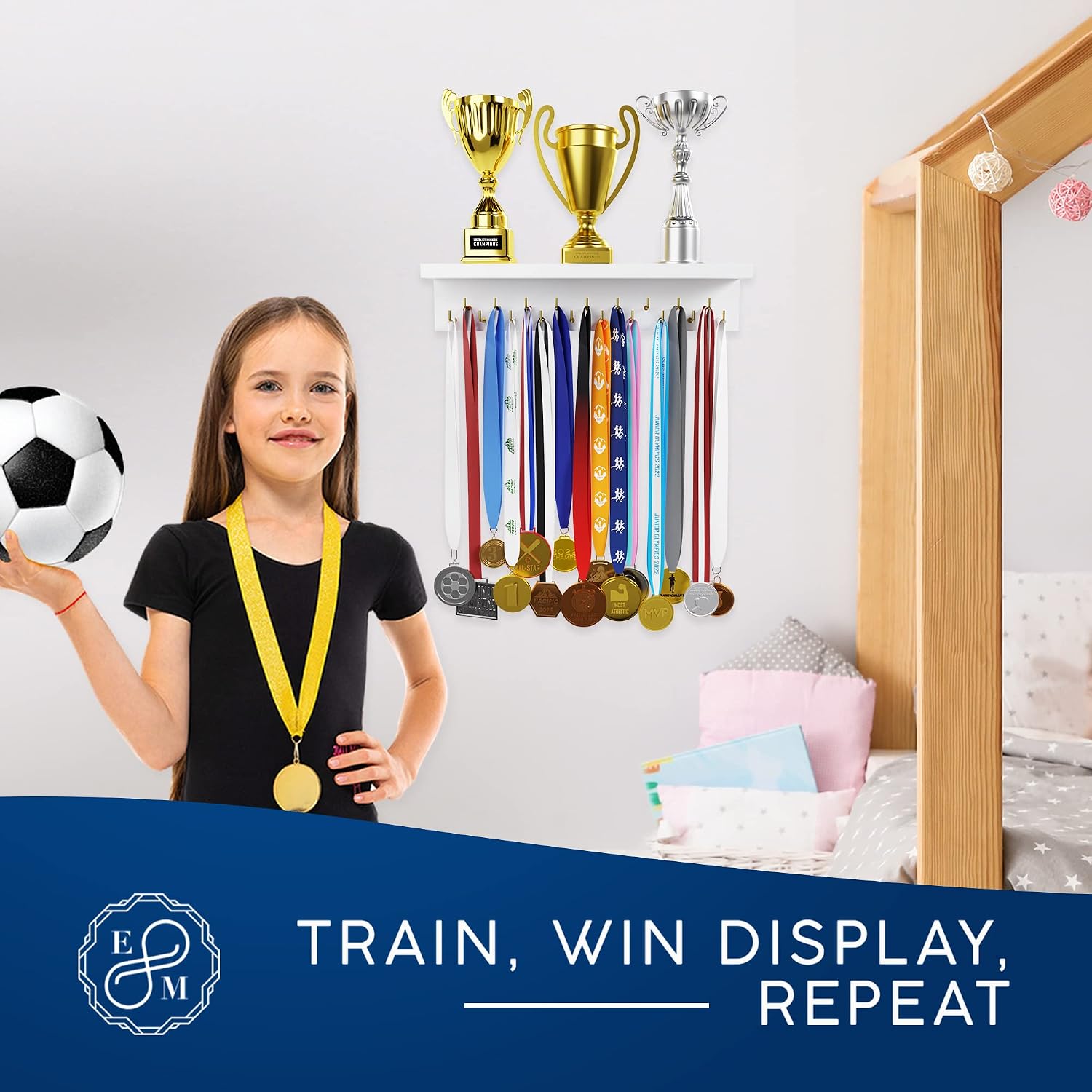 EVERMORE Medal Hanger Display and Trophy Shelf with Hooks - Wooden Medal Holder for Wall Mount Ribbon Display, Trophy