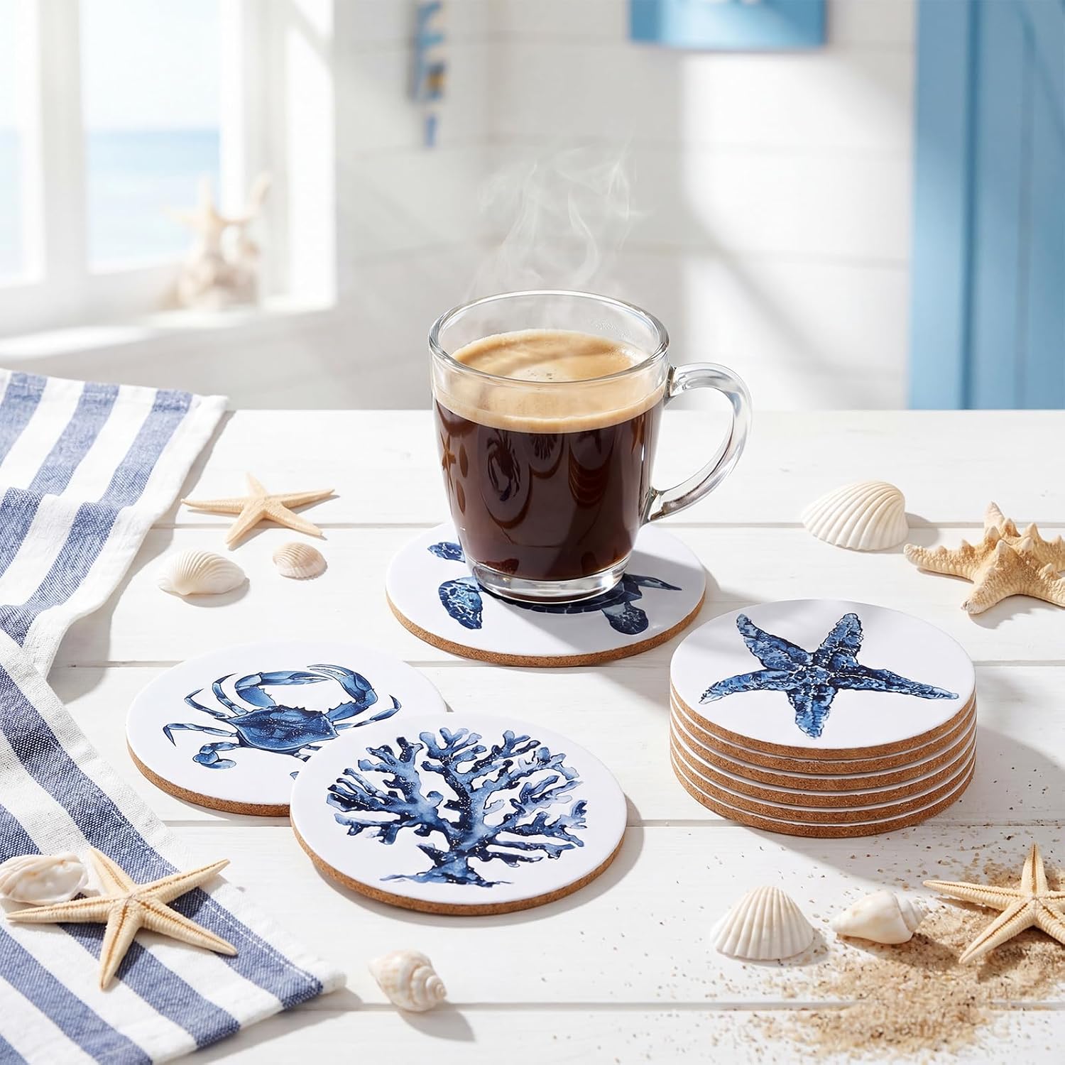 Coastal Coasters for Drinks Bulk Absorbent Ceramic Coaster / Set of 8