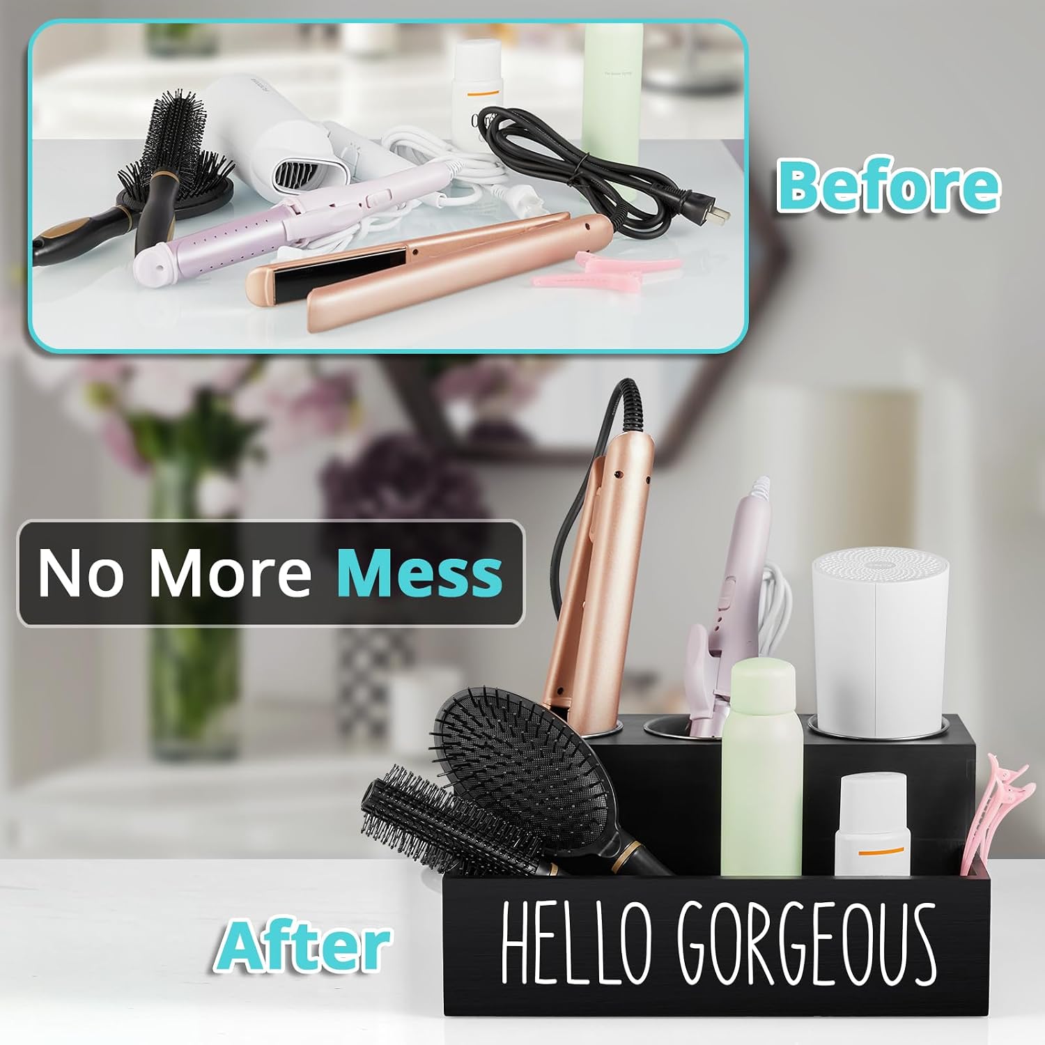 Bivvclaz Hair Tool Organizer, Wooden Hair Dryer Holder Countertop, Wall Mount Hot Tools Organizer for Hair Styling