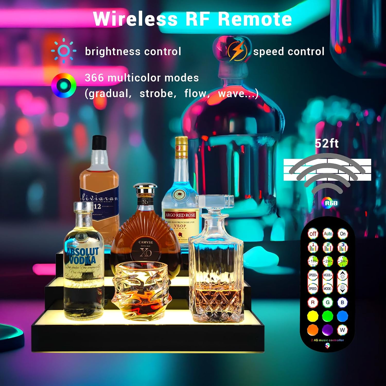 GOH&FTY LED Lighted Liquor Bottle Display Shelf,APP 16inche 3Step LED Bar Shelf with Wireless Remote& Multicolor LED