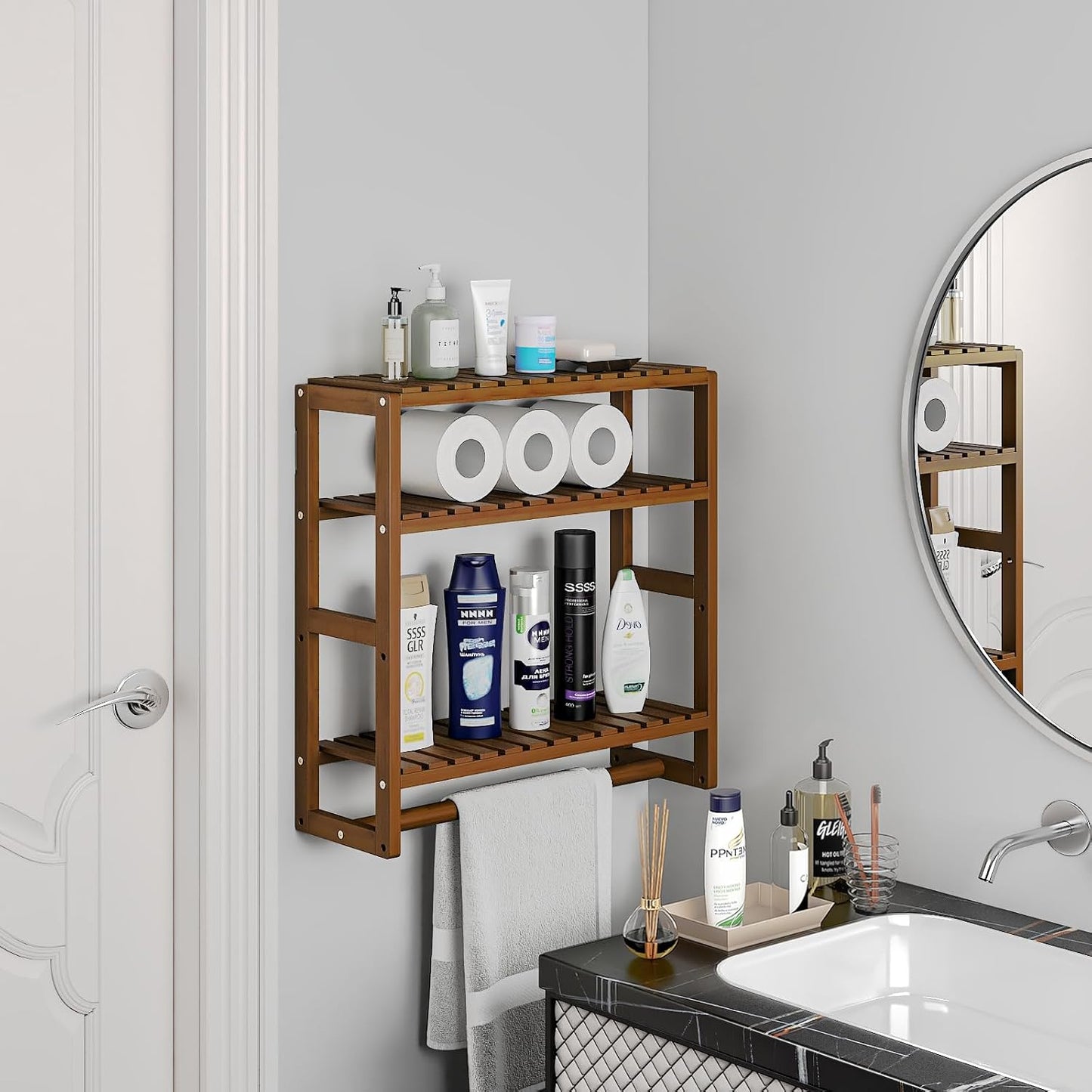Galood Over The Toilet Storage Bathroom Shelves Wall Mounted 3 Tier Brown-L | Space Saver Corner Shelf Organizer Bamboo