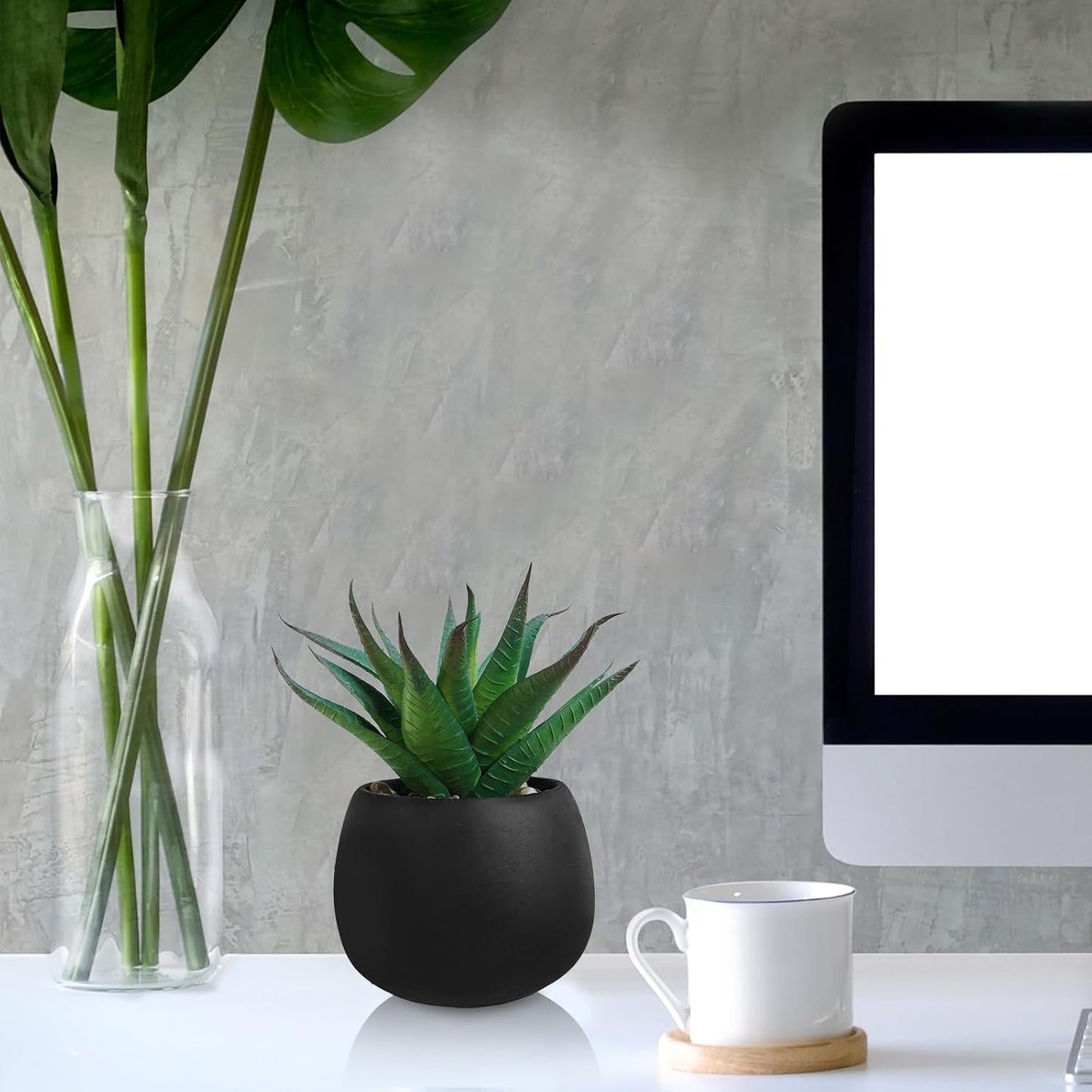 Artificial Succulent Plants in Black Concrete Pots Faux Aloe Hops String / Black Pots / Set of 3