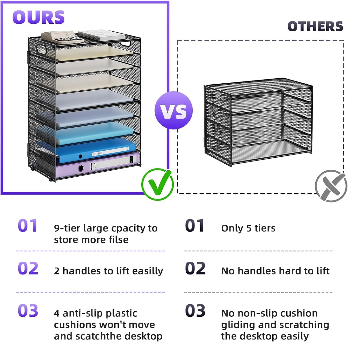 Marbrasse Paper Organizer Letter Tray, 9 Tier Mesh File Organizer with Handle, Paper Sorter Desk Organizer for Home