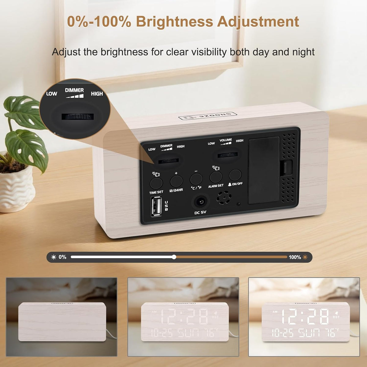 DreamSky Wooden Digital Alarm Clocks for Bedrooms with Date & Day of Week | Living Room Desk Clock, Temperature, USB