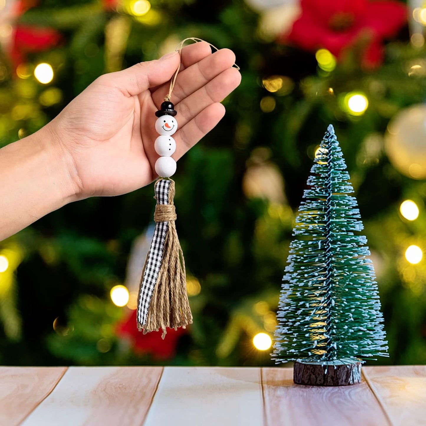 Snowman Wooden Beads Hanging Ornament Christmas Snowman Beads Garland / Black and White / Set of 12