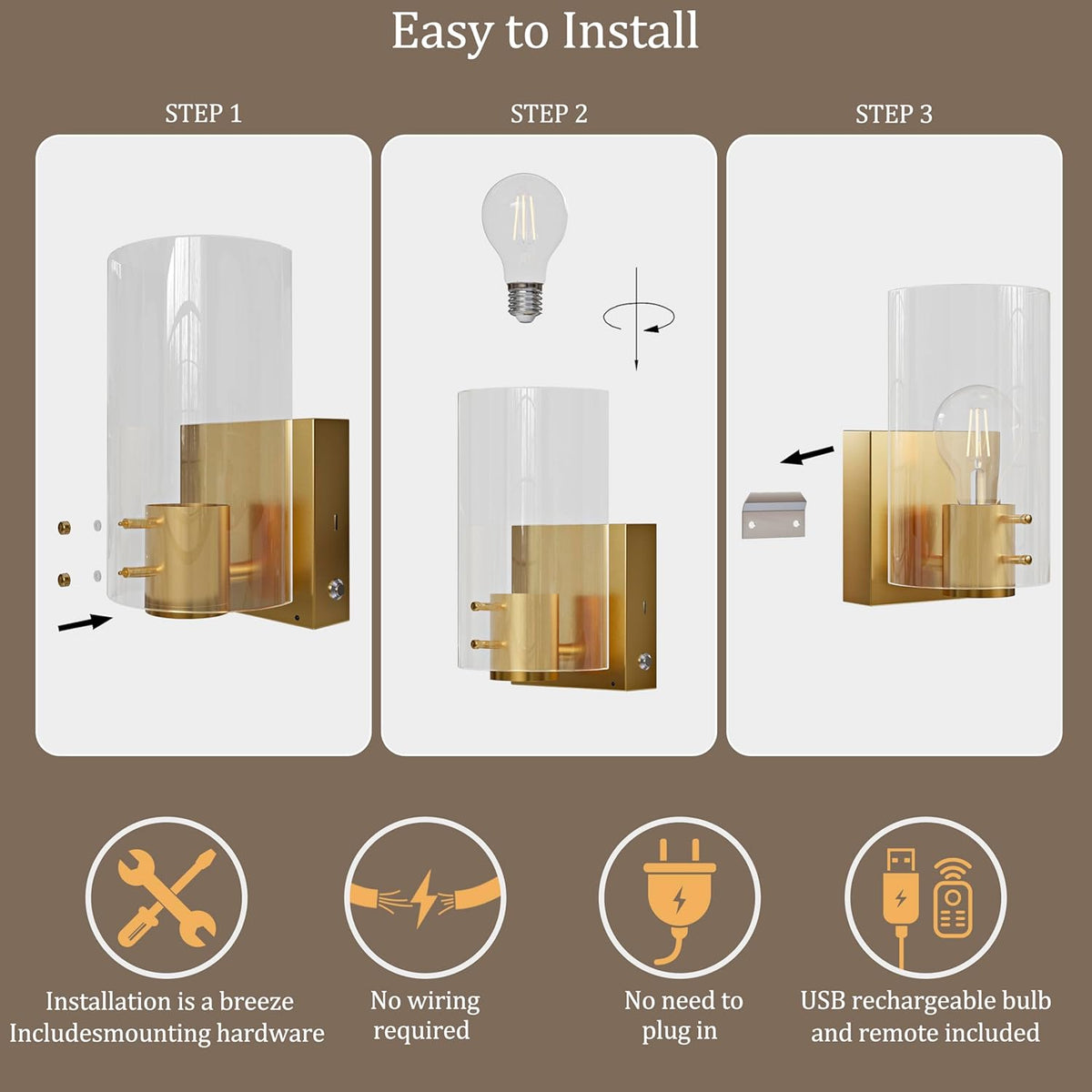 Gold Battery Operated Wireless Wall Sconces Set of Two, Warm Wall Lights | Dimmable Rechargeable Wall Sconce with