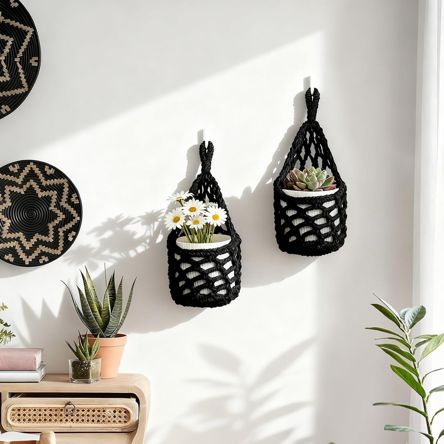 Macrame Wall Plant Hanger / Black / 4-inch / 4 Inch