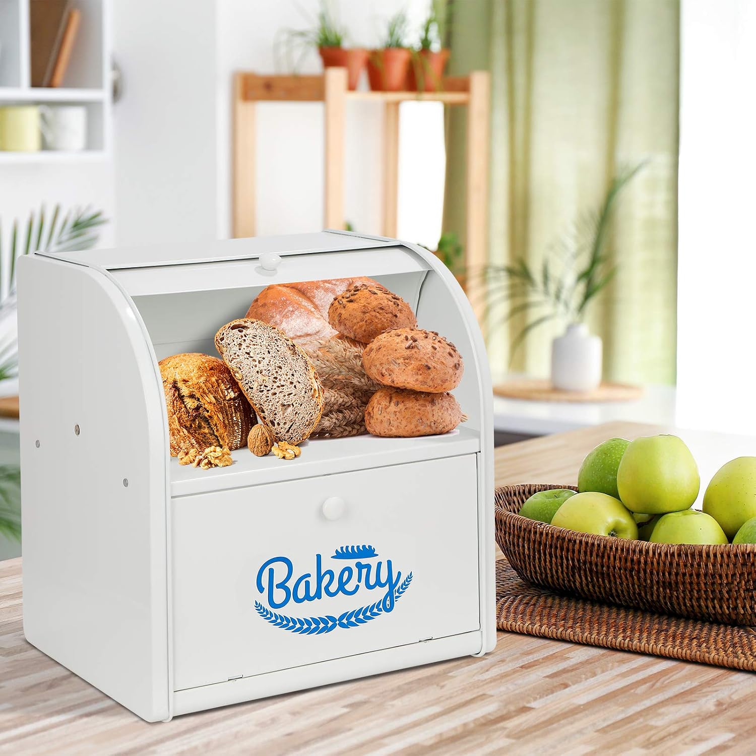 Bread Box, Metal Bread Box for Kitchen Countertop, 2 Layer Roll Top Bread Boxes, Stainless Steel Bread Storage, Kitchen