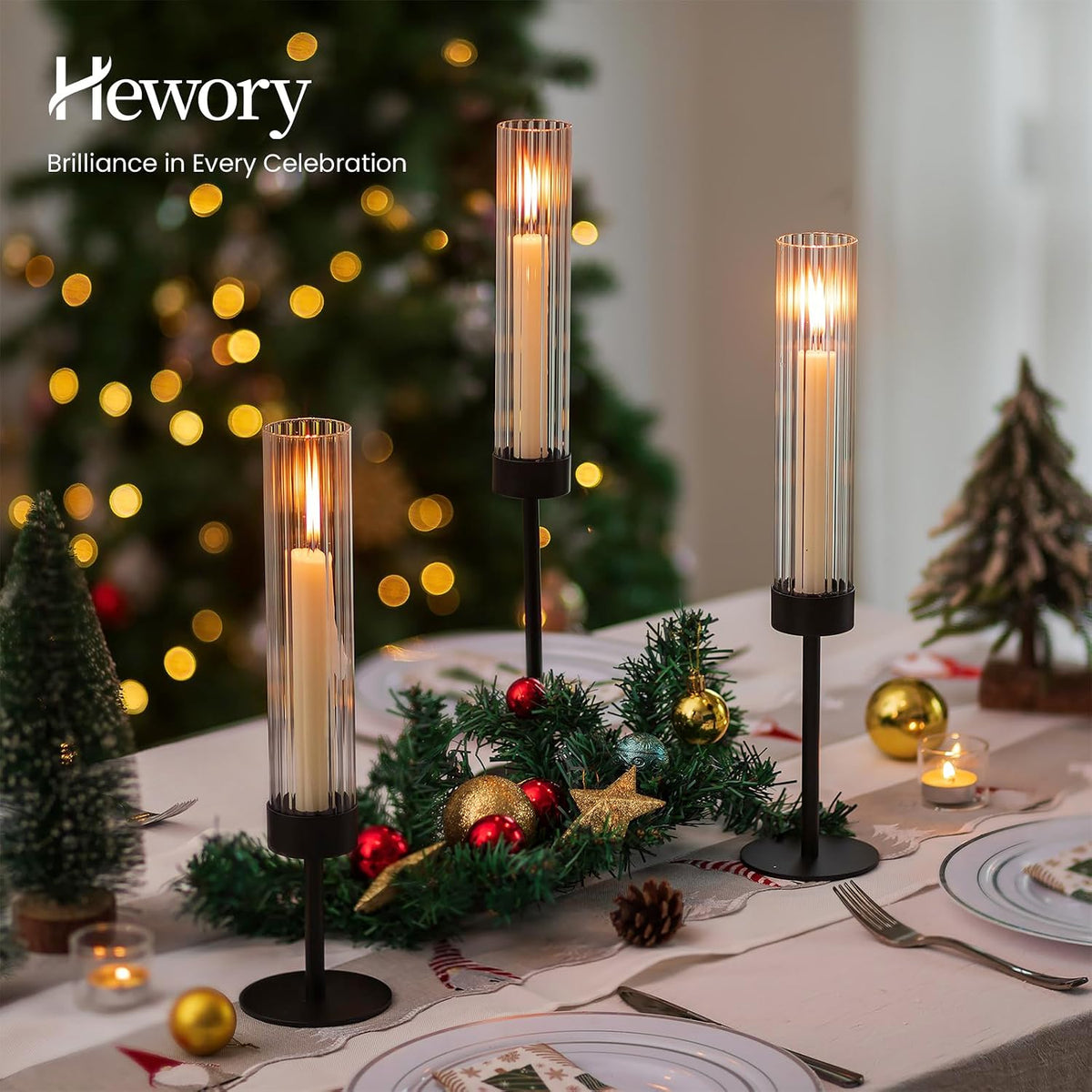 Hewory Black Taper Candle Holders: Candlestick Holders Set of 3 Hurricane Glass Tall Candle Holder for Candlesticks