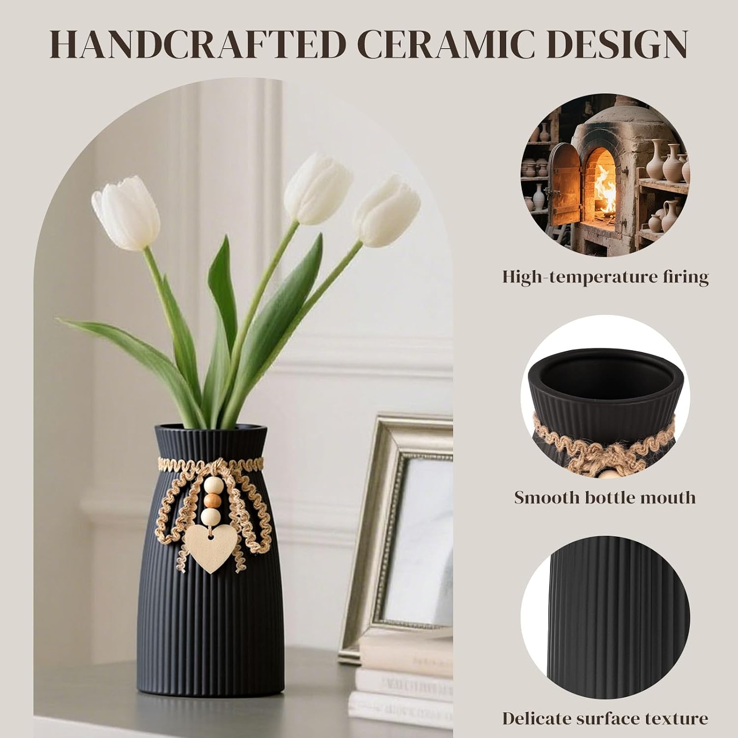Ceramic Vase / 6.3" Tall Boho Ribbed Vase for Pampas Grass / Black