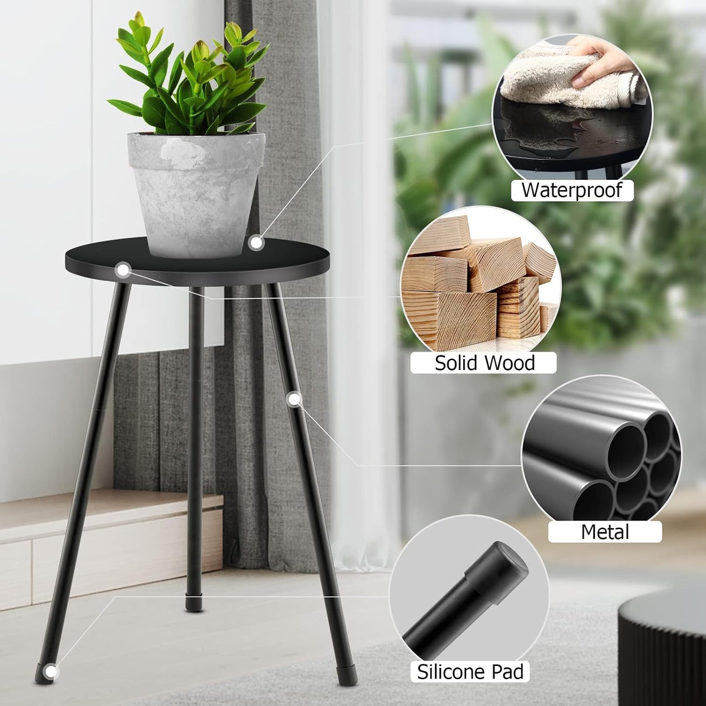 KINNARY Tall Plant Stand, Mid Century Wood Indoor Plant Stand Black Plant Table for Flower Pots, Metal Plant Holder