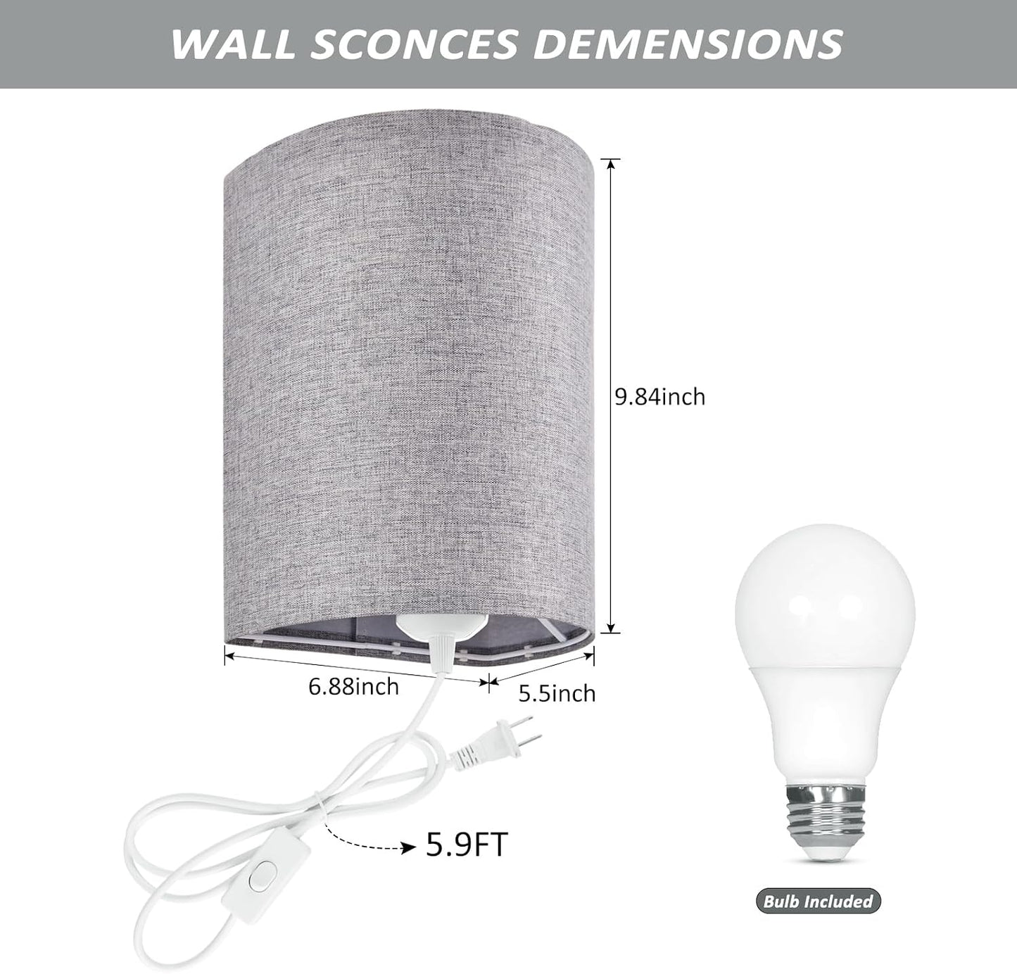 Wall Sconces Set of 2, Plug in Wall Sconces with On/Off Switch, 3-Color Selectable (3000K/4000K/6000K), Fabric Linen