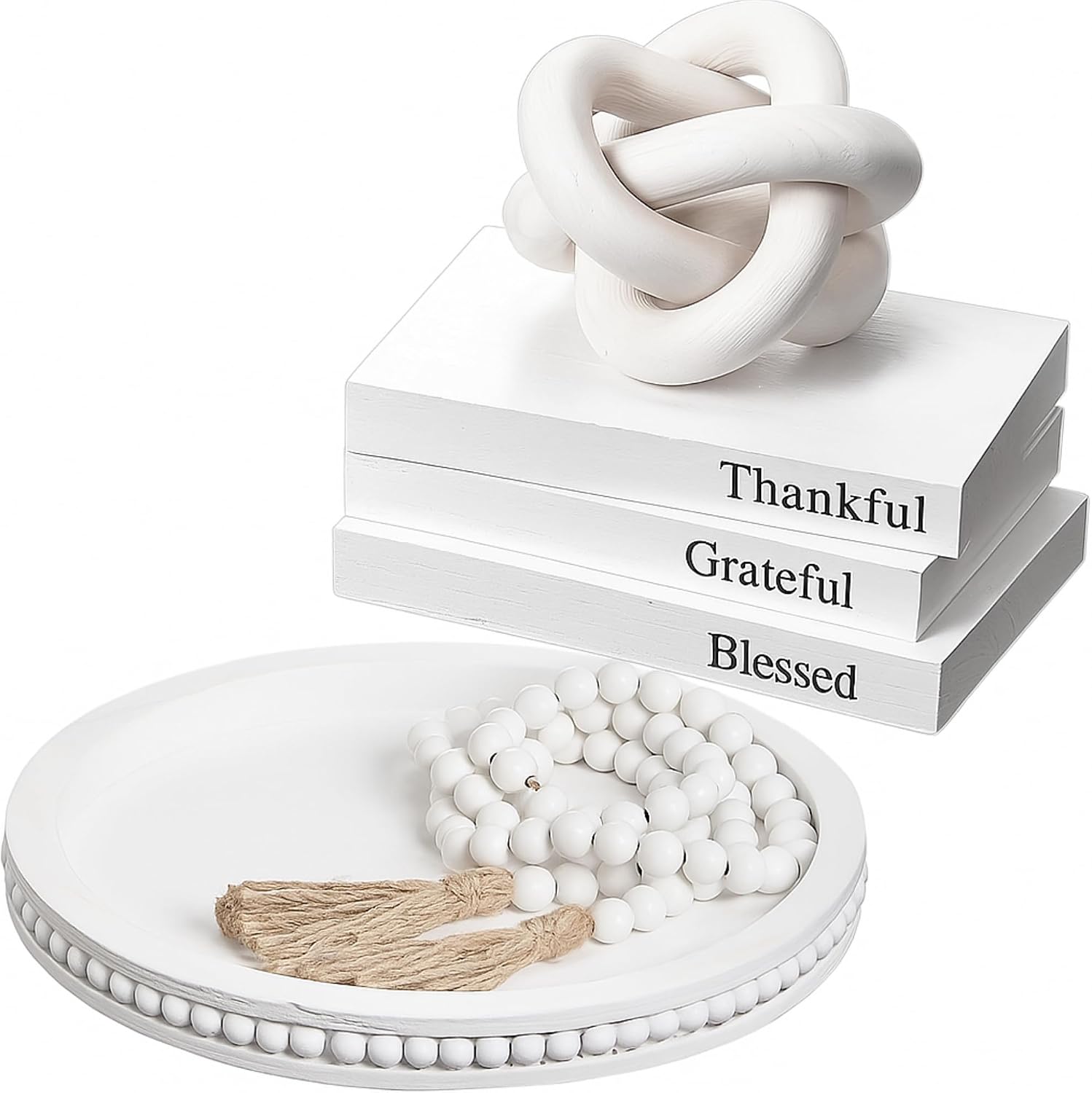 Rustic Wooden Coffee Table Tray Decoration Set / White / Thankful / Set of 6