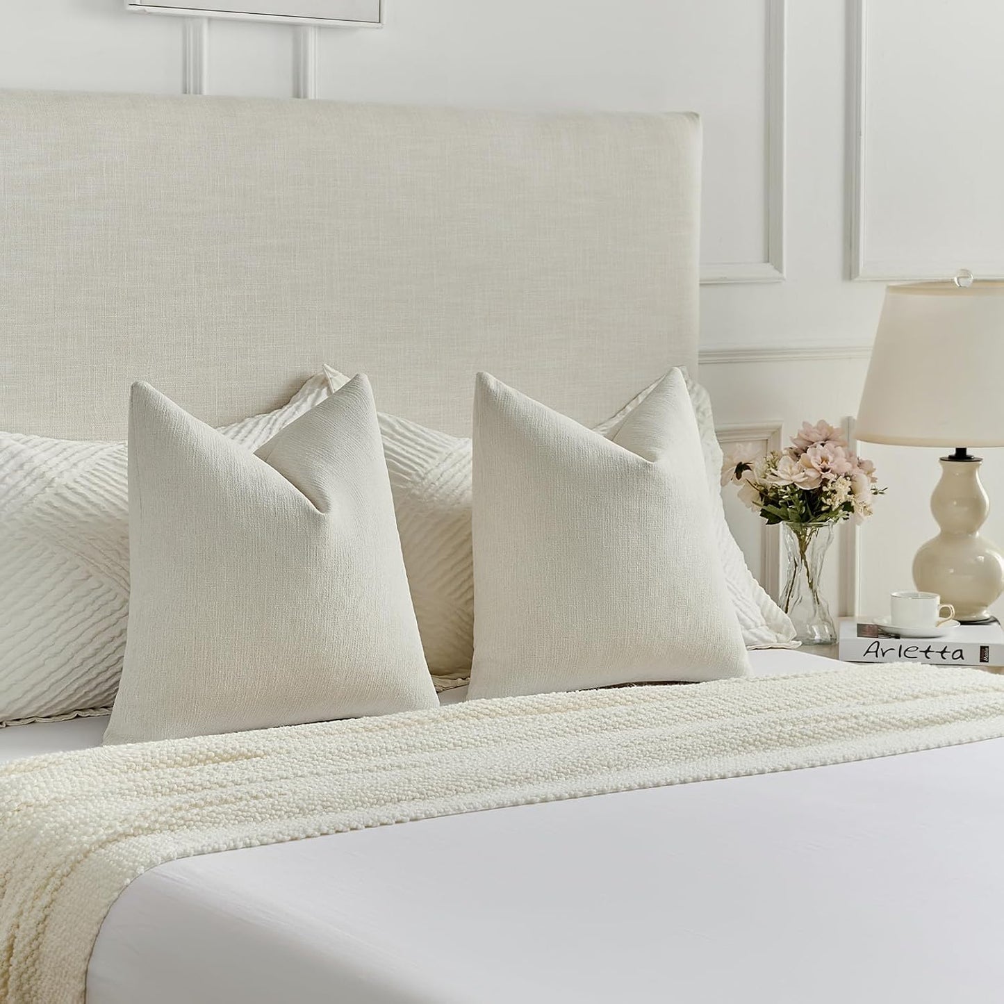 Chenille Decorative Throw Pillow Covers / Cream / 18 x 18 / Set of 2