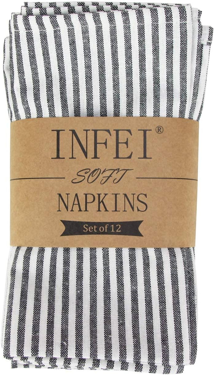 Plain Striped Cotton Linen Blended Dinner Cloth Napkins - Set of 12 (17 x 17 inches) - for Events & Home Use (Black)