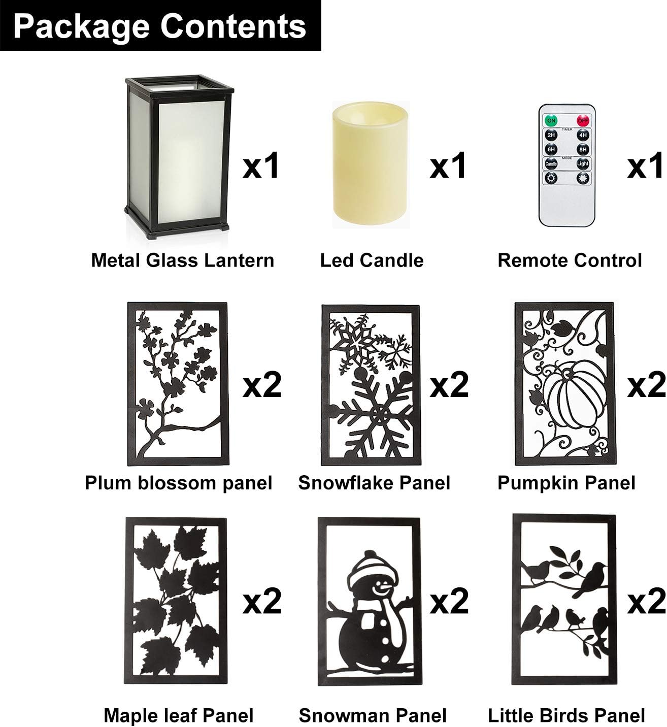 Decorative Led Candle Lantern with Timer Rustic Candle Lantern with Twelve Magnetic Seasonal Themed Panels ,5 x 5 x
