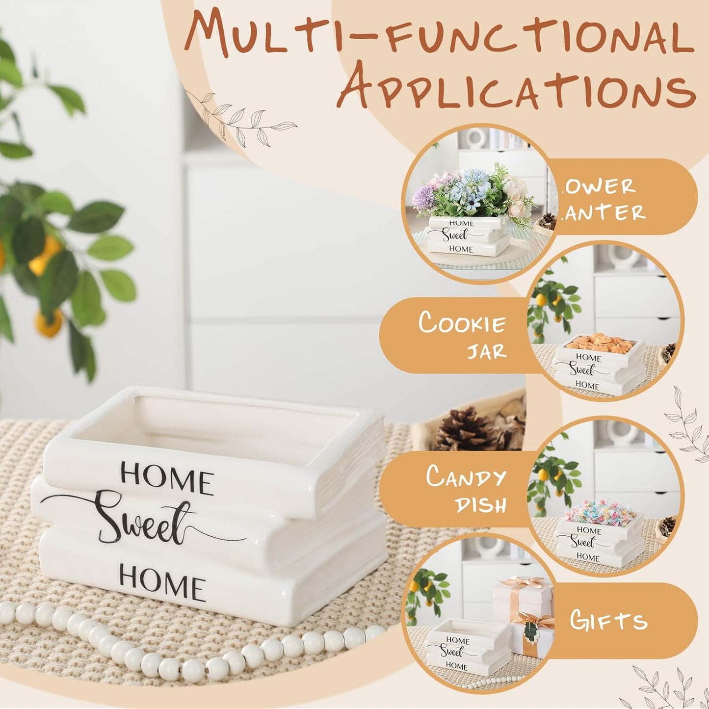 Ceramic Book Planter Pot Small Book Shaped Decorative Planter Rustic Farmhouse Flowers Vase / White