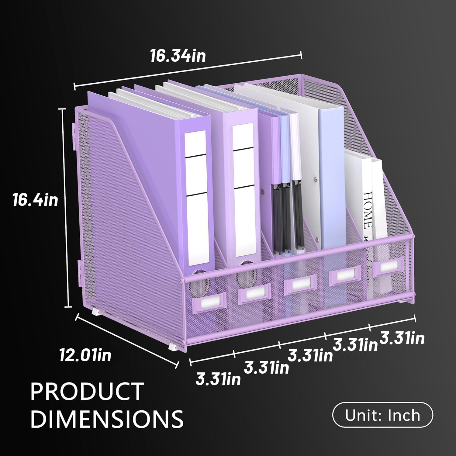 DALTACK 5-Slot Magazine File Holder, Metal Binder Holder, Purple | Iron Mesh Construction, Labeled Sections for Easy