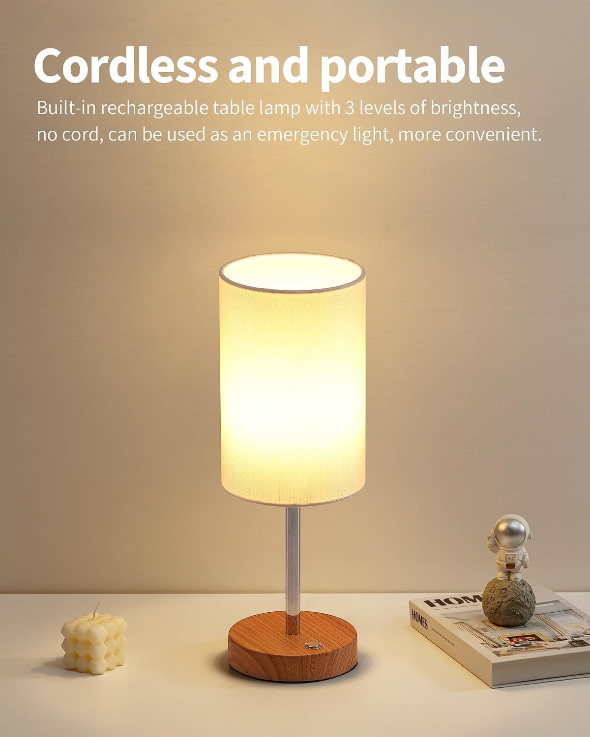 KDG Simple Cordless Table lamp, Portable Bedside 4000mAh LED Desk Lamp | Chrome / Wood-Grain, 3 Brightness Levels