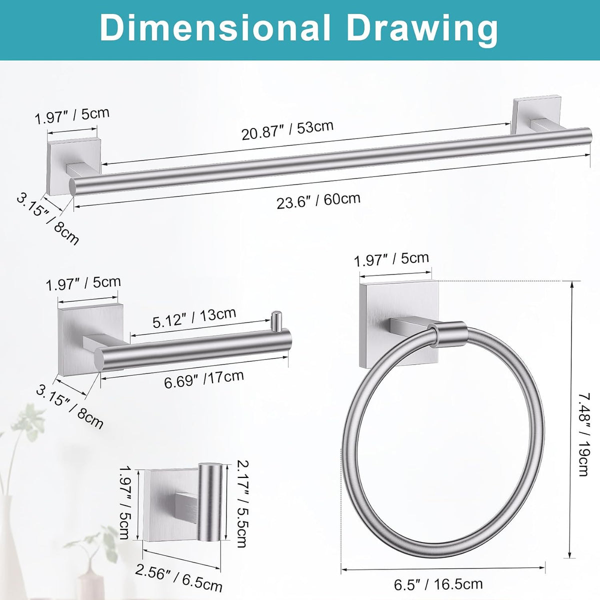 Brushed Nickel Bathroom Hardware Accessories Towel Bar Set, 10 Pieces Bathroom Towel Bar Holder Set, 23.6 Inch
