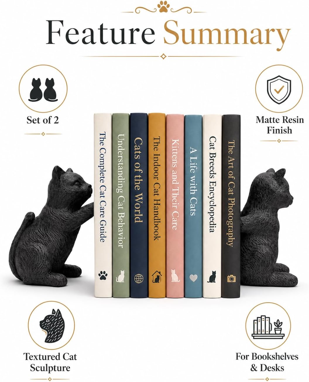 Resin Bookends / Decorative Bookends / Cat / Black / Set of 2