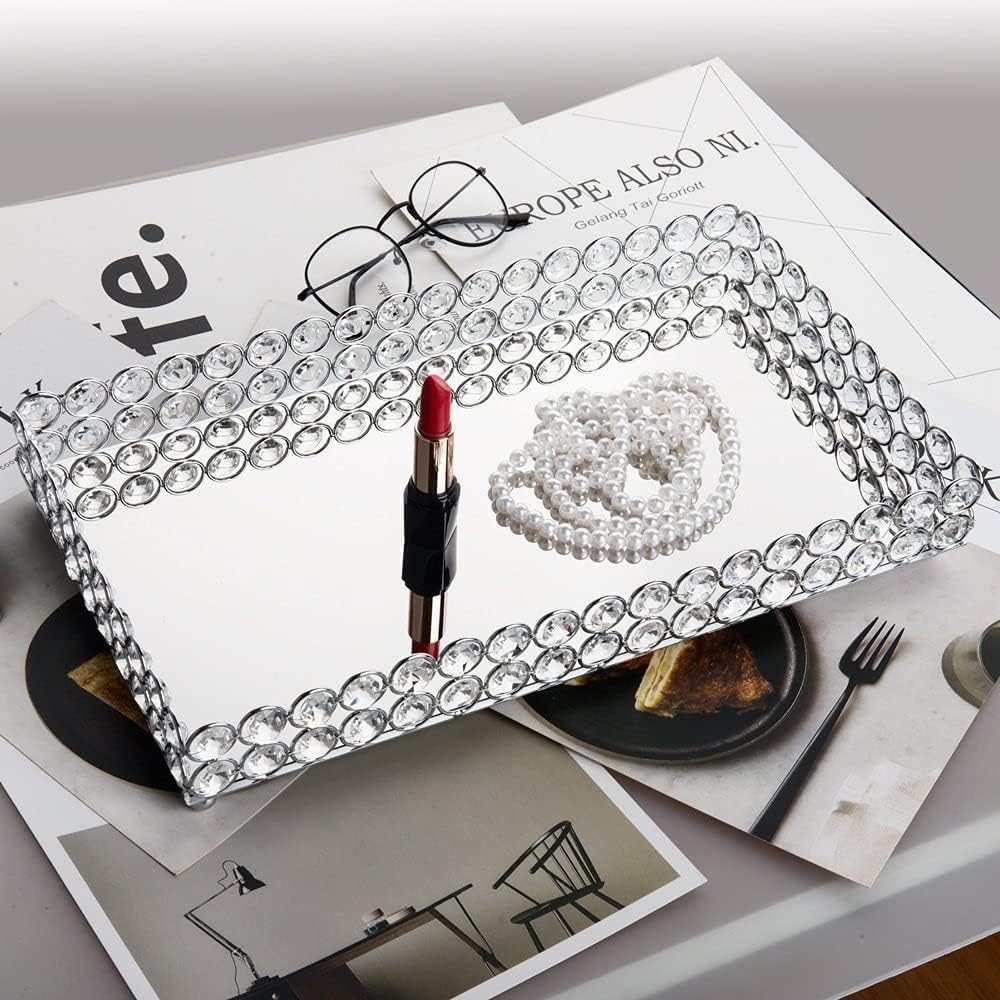 Crystal Perfume Tray Cosmetic Vanity Makeup Tray Mirrored Jewelry Trinket Rings Earrings / Silver