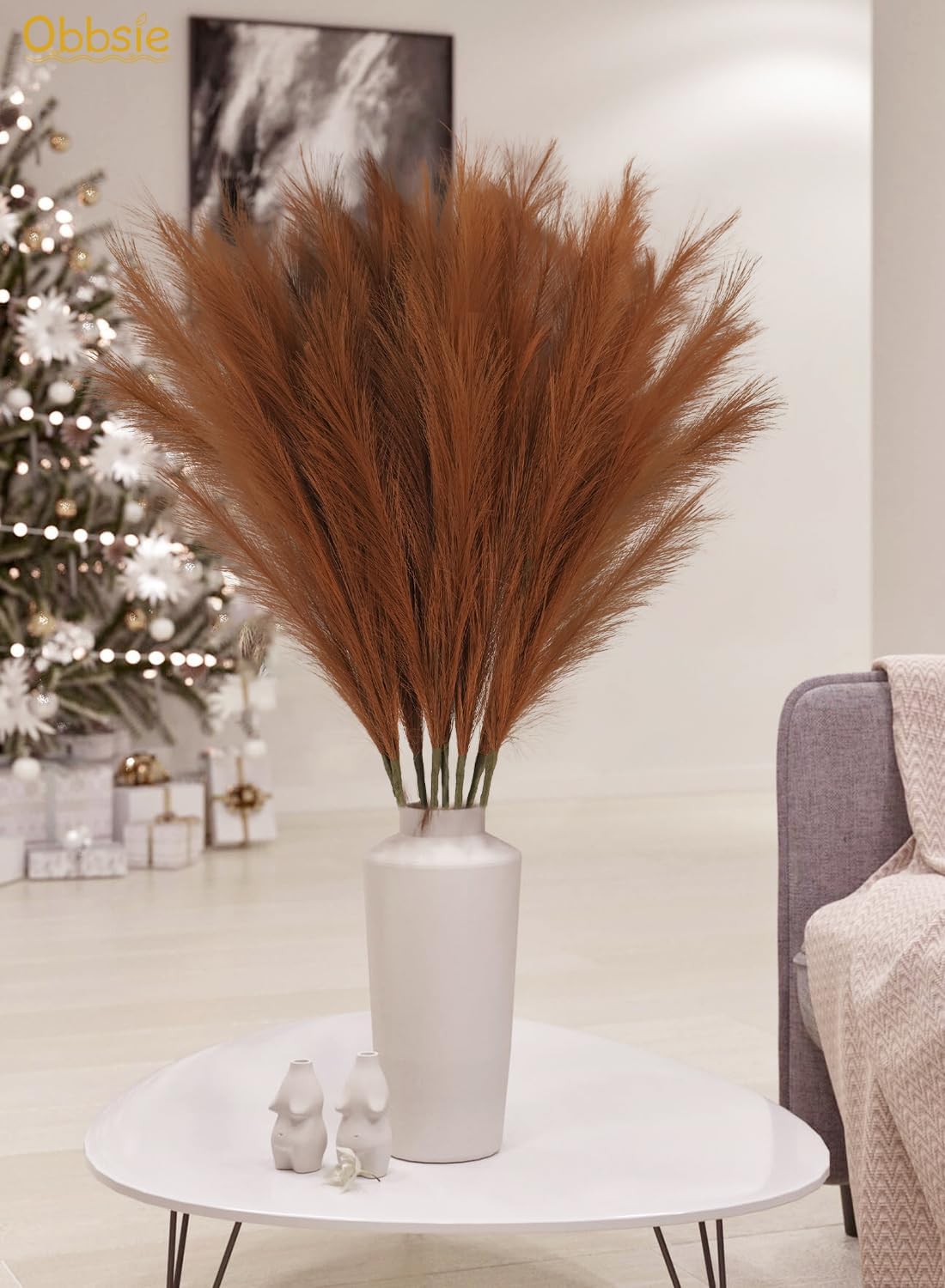 Large Tall Fluffy Artificial Pompous Grass Branches Floral Fake Pompas / Brown / Set of 8