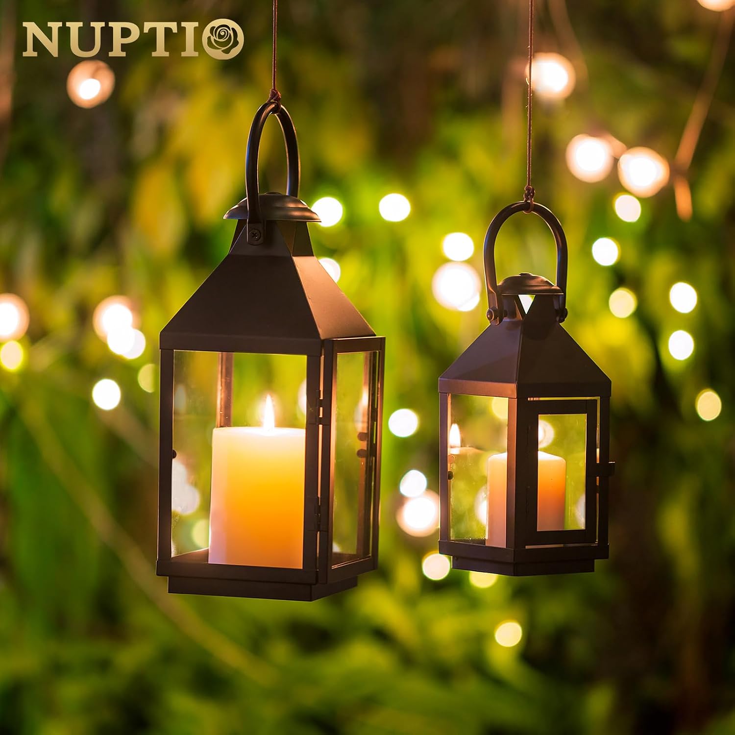 NUPTIO Black Decorative Candle Lantern: Metal Pillar Candle Holders | 10.2" Tall Hanging Lanterns for Table Centerpiece