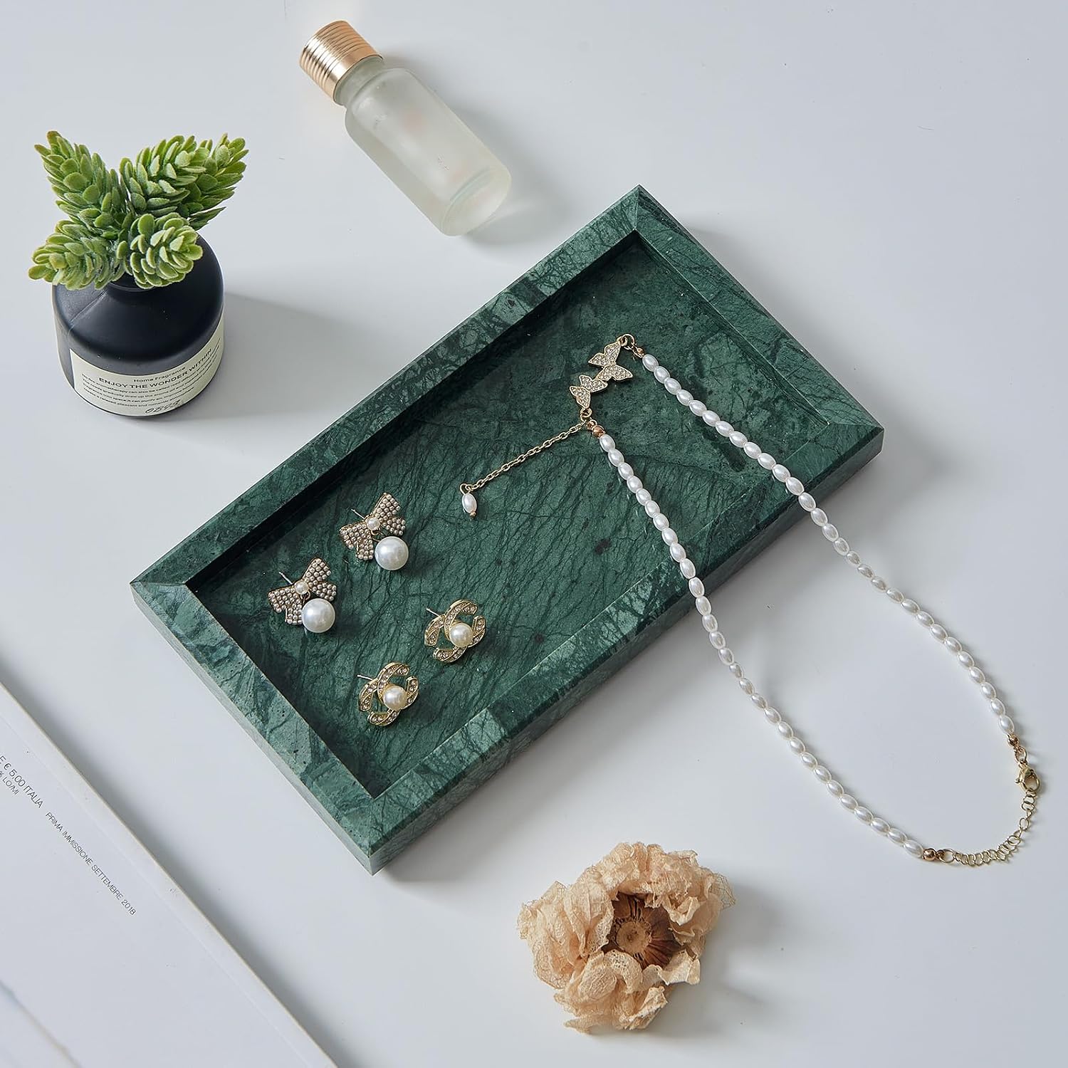 Stone Organizer / Natural Small Marble Vanity Tray / Green / 7.9 x 4.3 x 0.8