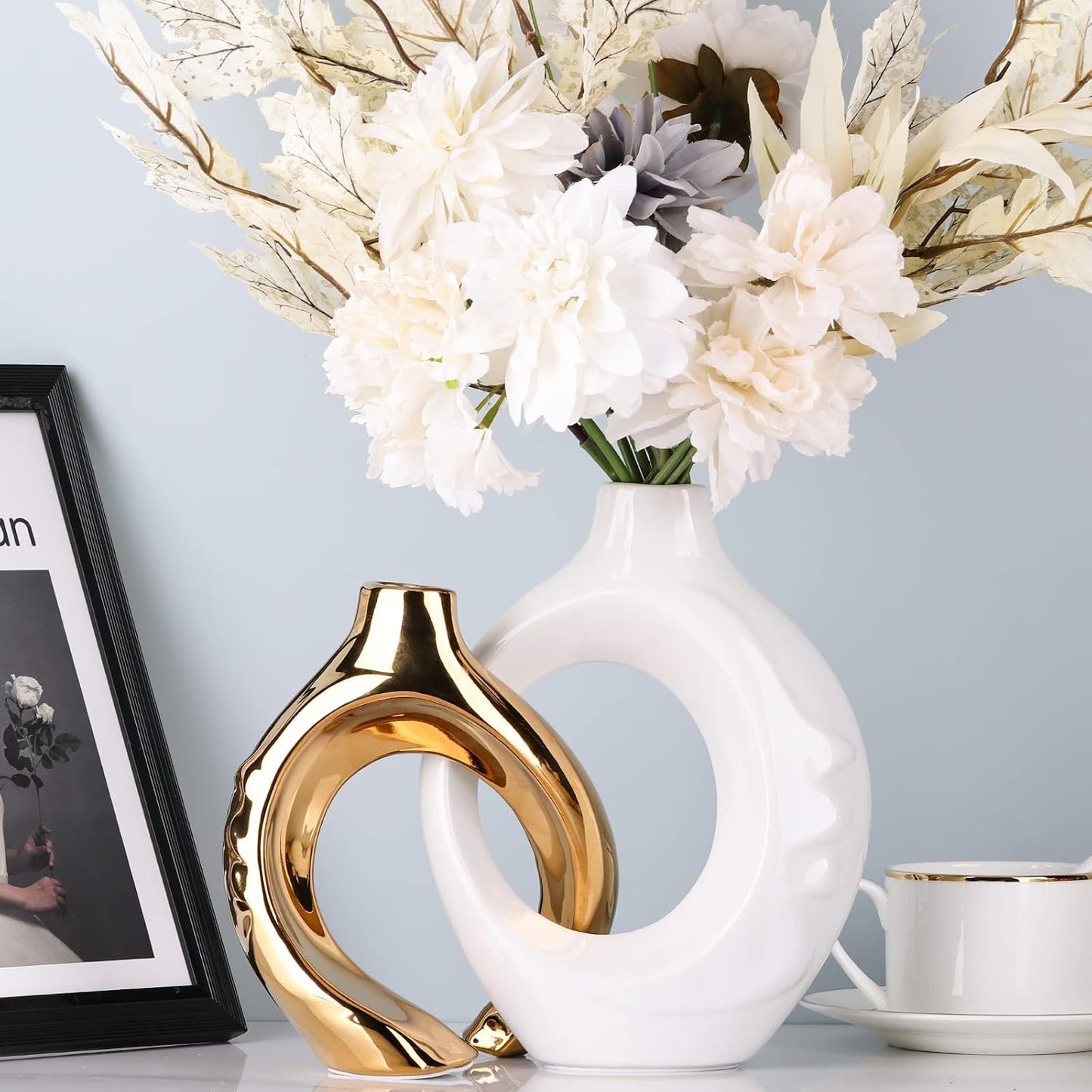 Round Boho Vase for Pampas Grass / White Gold / Set of 2