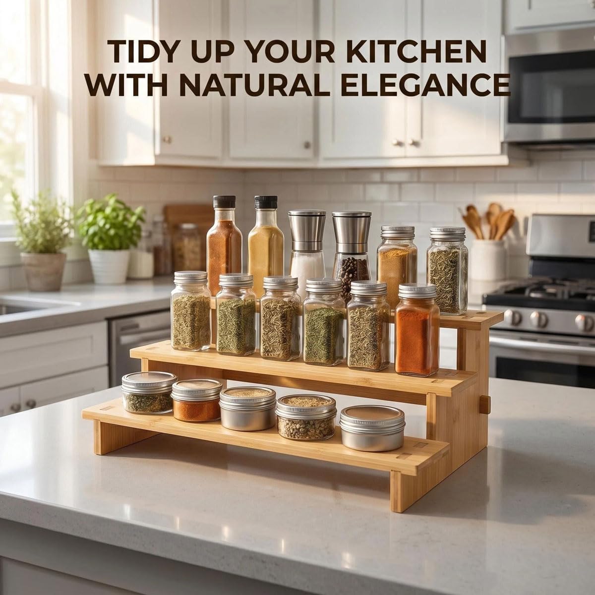 JinDoWin 3 Tiered Spice Rack Organizer for Cabinet,Spice Organization for Cabinet, Seasoning Organizer,Spice Shelf and