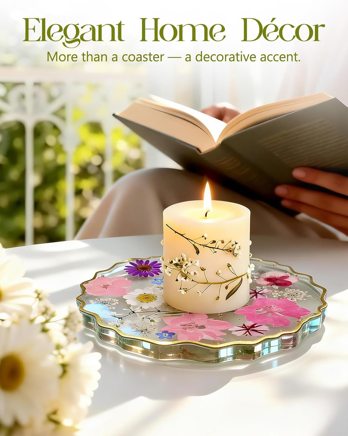 Resin Drink Coaster for Desk Coffee Table-Pink White Dried Flowers Cup Coaster / Pink-white / Medium
