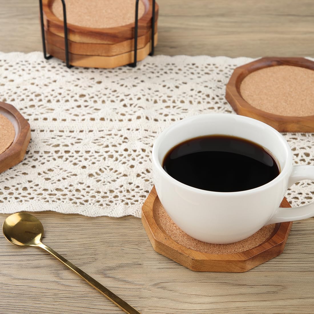 Holder / Decagonal Shape Acacia Wood Coaster Set Drink Coasters / Cork / 4.33 Inch