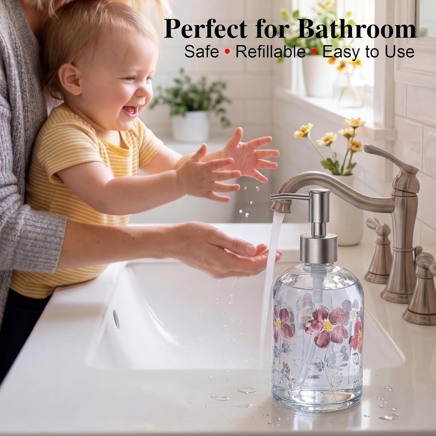 Topadorn 2 Pack Hand and Dish Soap Dispenser Set, Coordinated Floral | 17oz Glass Soap Dispensers with Pump, Refillable