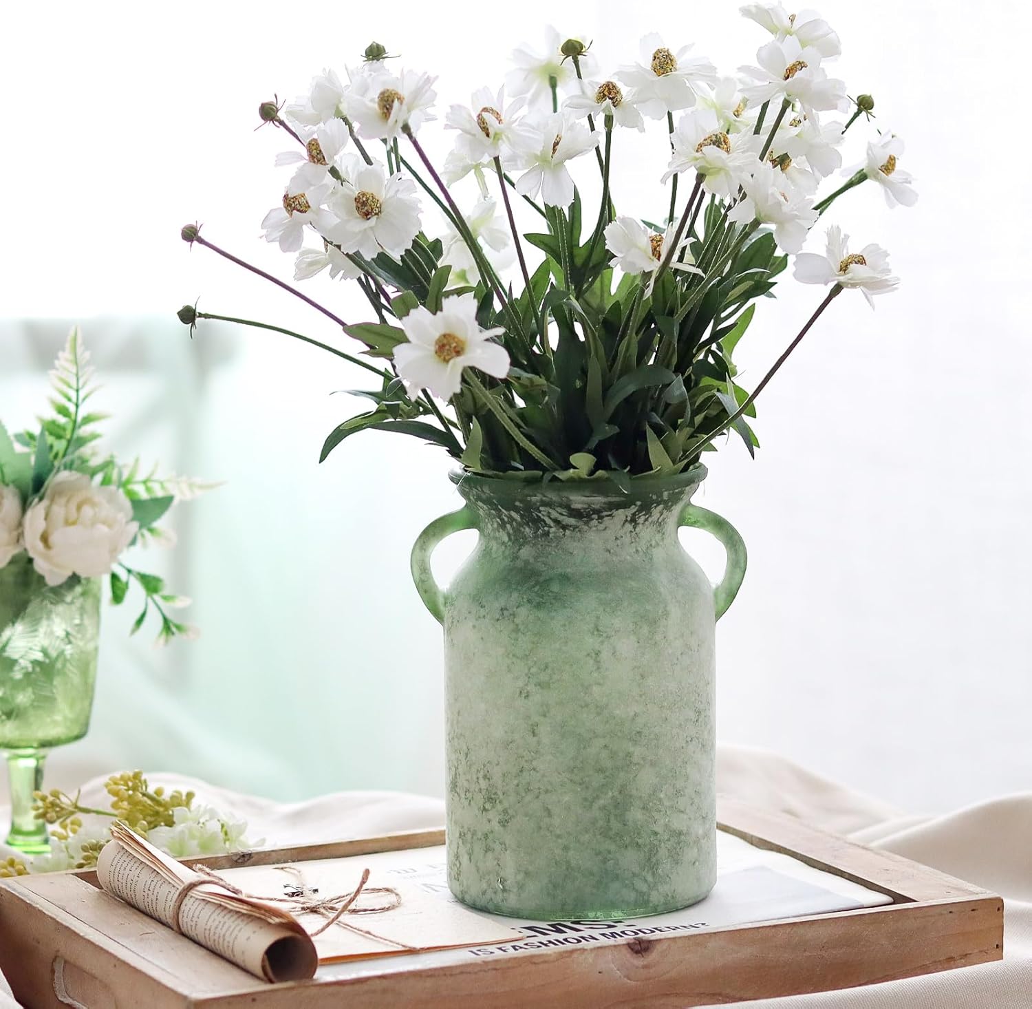 Glass Flower Vase / White Green / 8 Inch