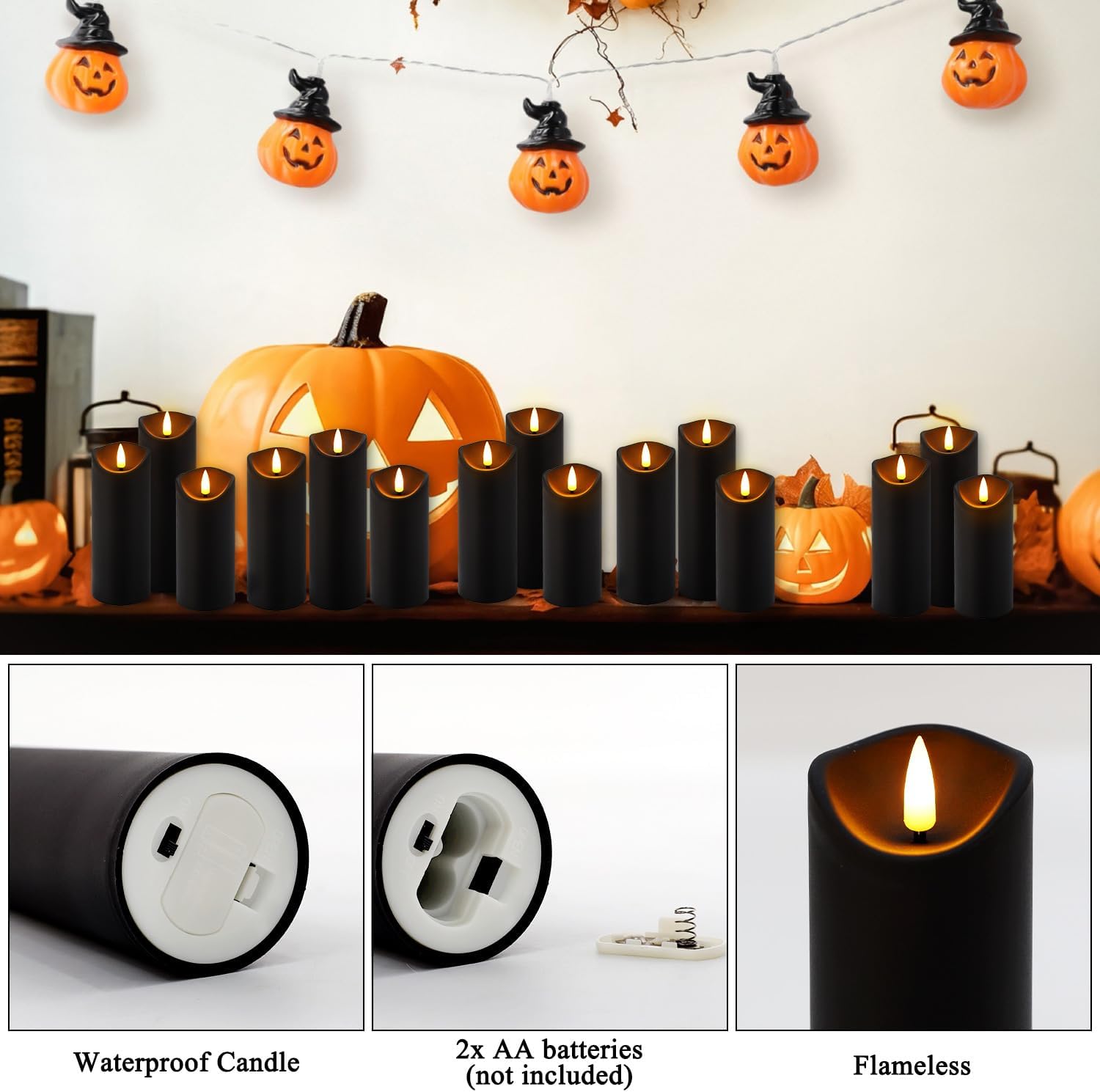 YOROXRG 12 Pack Halloween Decoration Flickering Flameless Candles, Battery Operated LED Pillar Candles with Remote