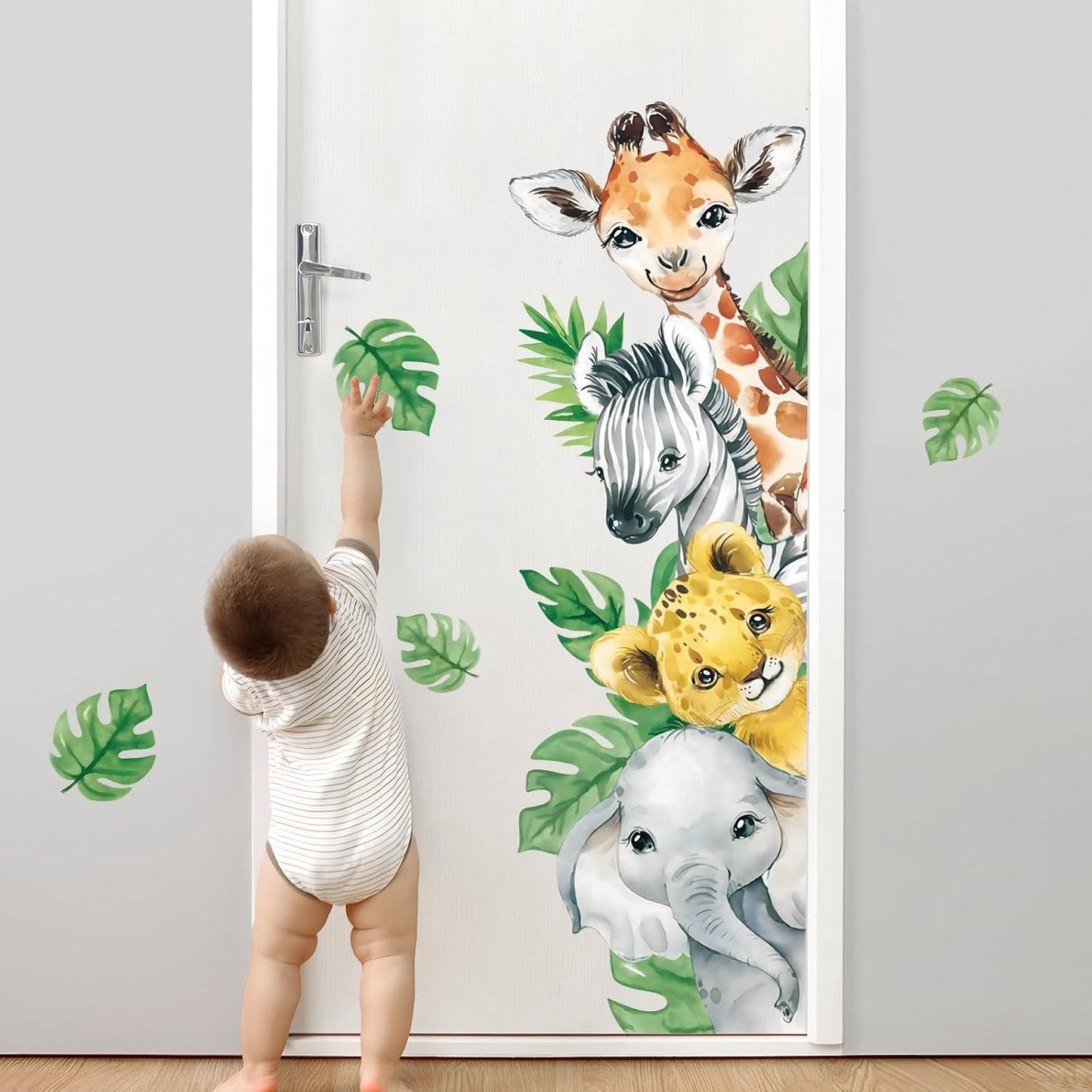 in Watercolor Jungle Animal Wall Stickers Cartoon / Vertical-4 Animals Right / Green / 45 x 23