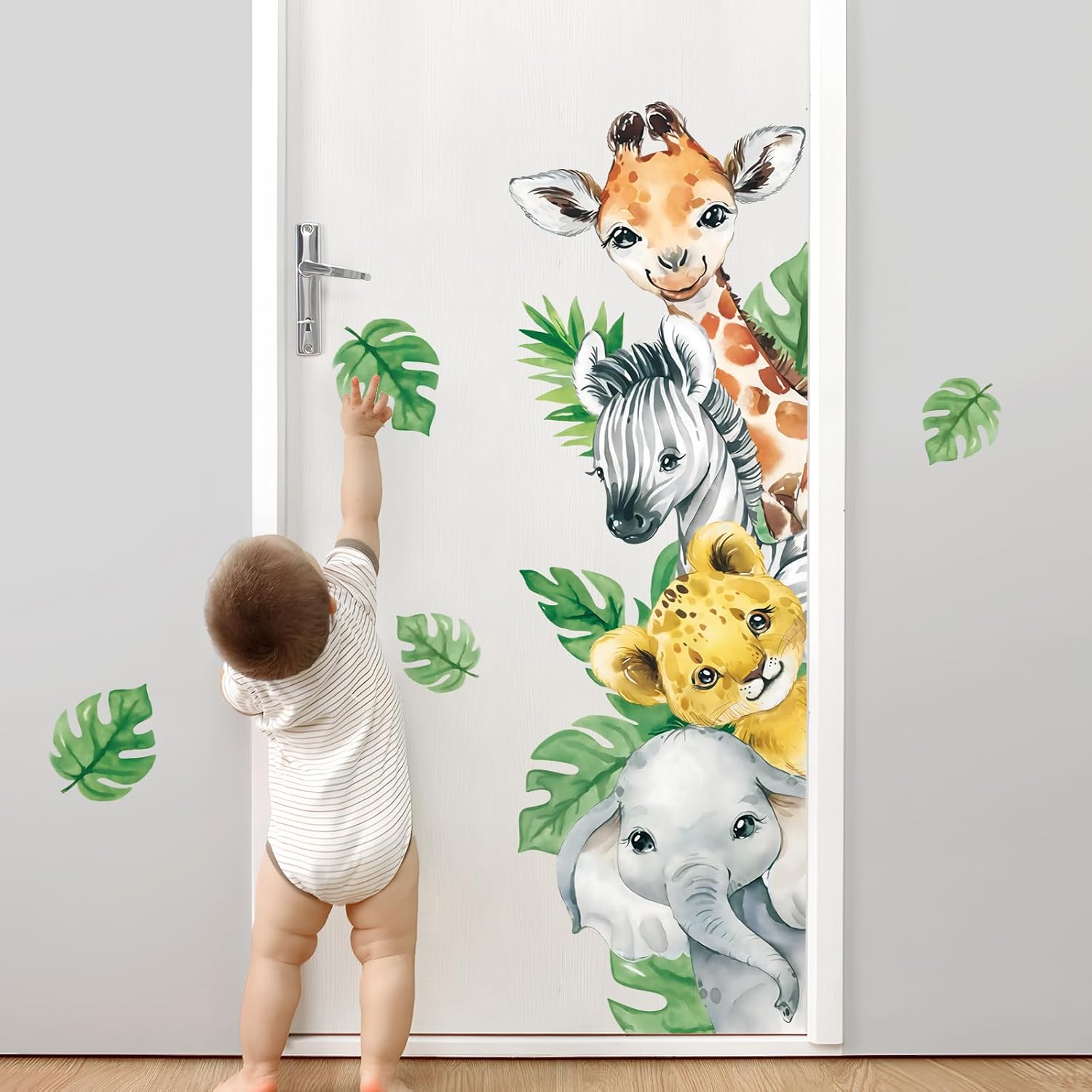 in Watercolor Jungle Animal Wall Decals Cartoon Animal / Vertical4 Animals Right / Green / 45 x 23