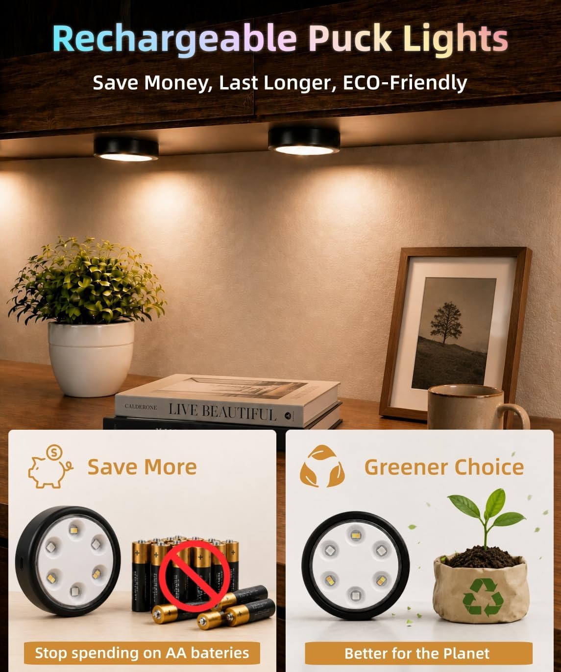 HOLKPOILOT Puck Lights with Remote, Under Cabinet Lights,2000mAh Battery Operated Closet Lights, Magnetic Under Cabinet