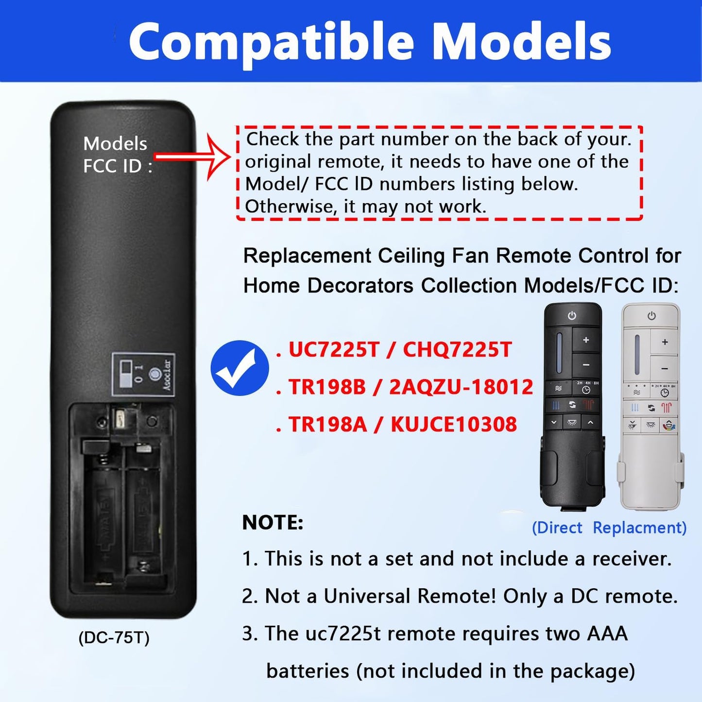 UC7225T Ceiling Fan Remote Control Replacement Home Decorators Collection Kensgrove & Altura DC