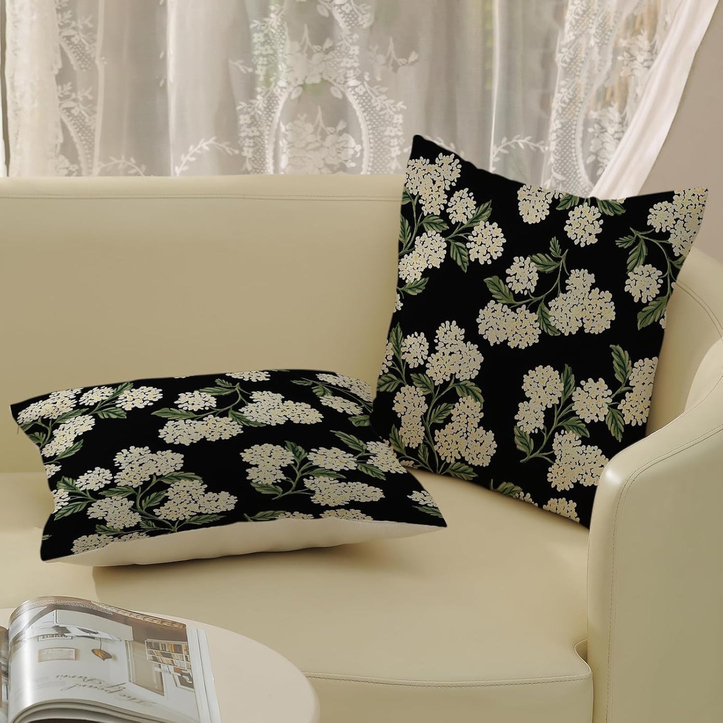 Black Spring Pillow Covers Green Hydrangea Flower Decor Throw / 18 x 18 / Black Hydrangea / Set of 2