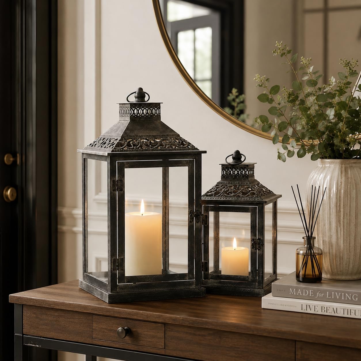 JHY DESIGN Set of 2 Antique Grey Brush Decorative Lanterns Metal Candle Lanterns for Indoor Outdoor Events Paritie and