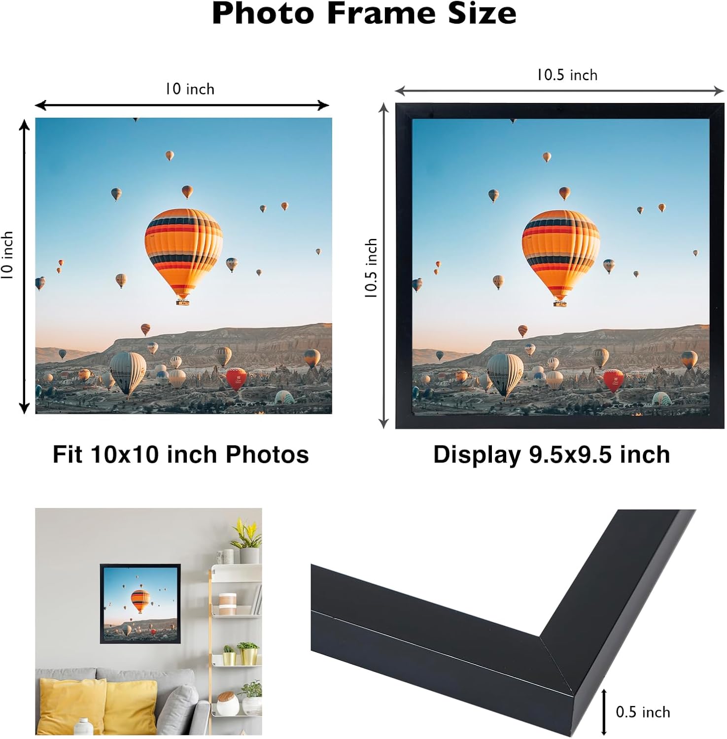 JCJMY 10x10 Picture Frame Set of 6 Black for Wall Hanging, Wall Mounting Horizontally or Vertically, 10 x 10 Square