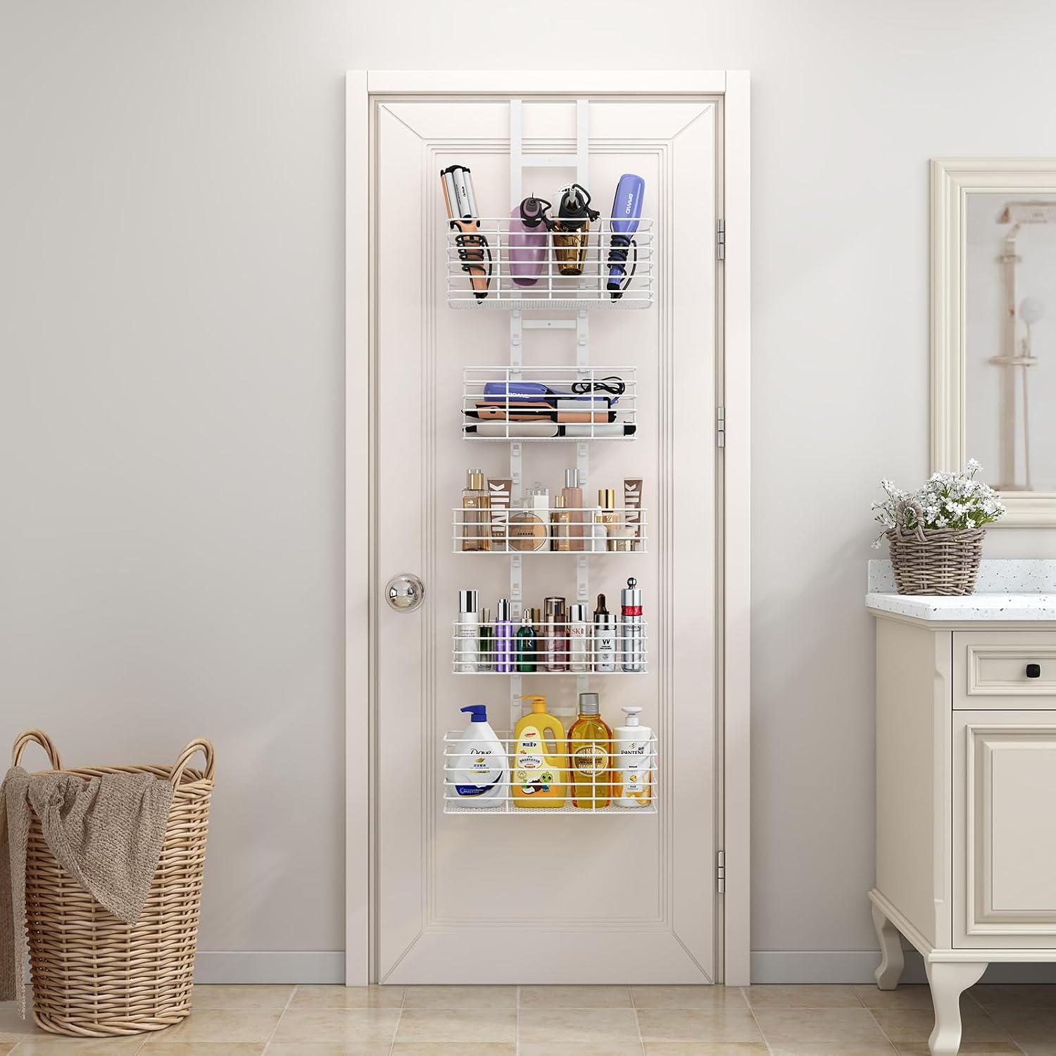 Yuyetuyo 5-Tier Over The Door Organizer Bathroom Shelves Hair Tool Organizer - Hair Dryer Holder Adjustable Height, DIY